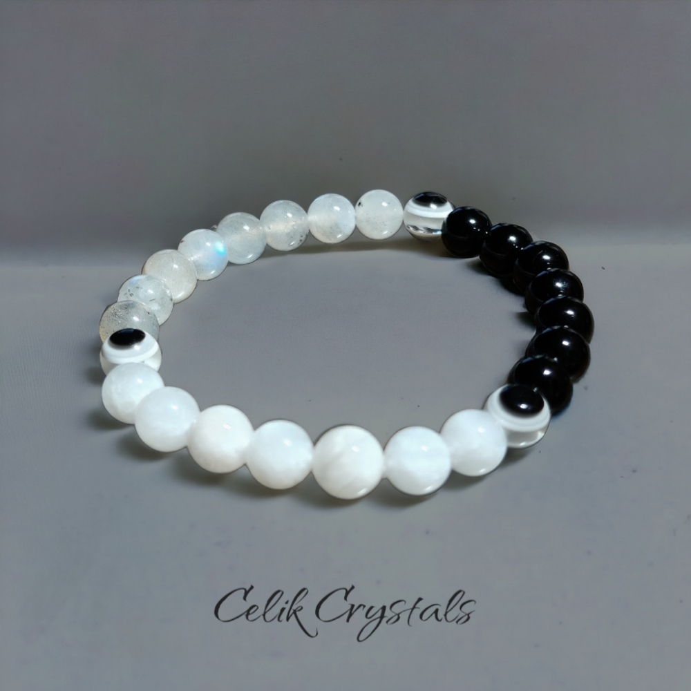 Evil Eye Bracelet Natural Labradorite, Onyx and White Moonstone Unisex